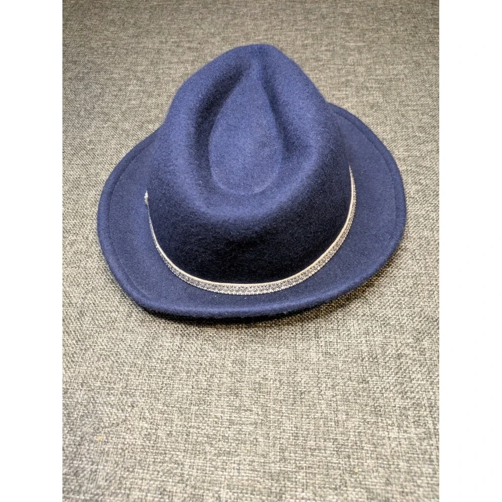 Charming Charlie Blue Wool Fedora Hat Wide Brim Womens Medium Rhinestone Belted